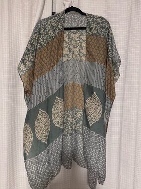 Boho Patchwork Kimono Duster in Sage and Mustard